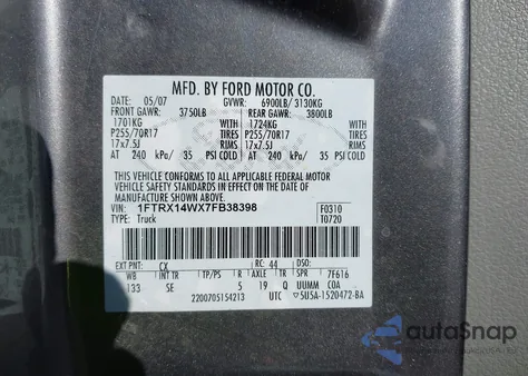 2007 Ford F-150 Fx4/Stx/Xl/Xlt z USA, uszkodzony, nr VIN 1FTRX14WX7FB38398